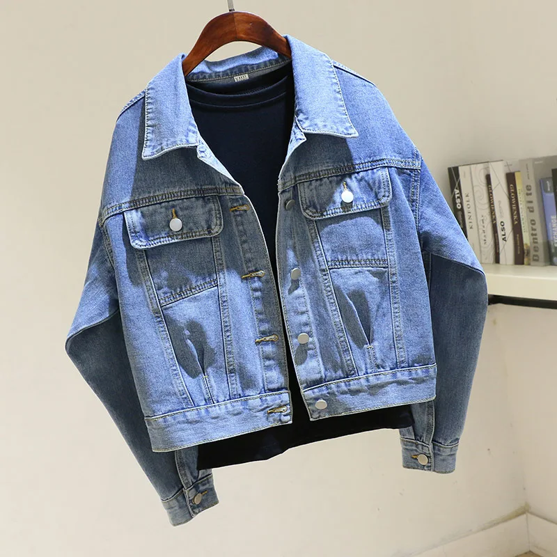 

Spring Autumn Vintage Blue Denim Jacket Women Loose Short Cowboy Outerwear Harajuku Long Sleeve Big Pocket Jeans Jacket Female