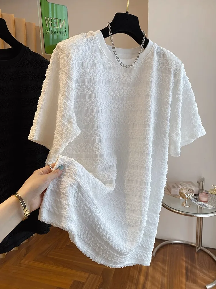 2024 новая корейская серия дизайнерская футболка Seersucker мужская свободная