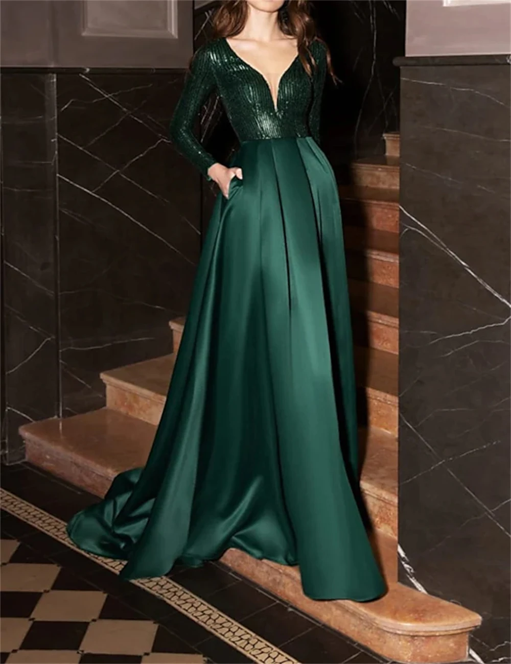 A-Line Evening Dresses Formal Glittering Wedding Gown Guest Court Train Long Sleeve V Neck Satin with Pleat Sequin Emerald Green