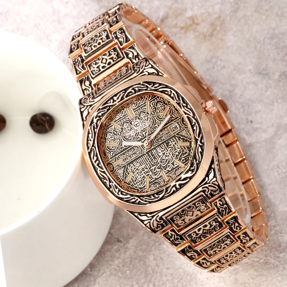 Luxury Rose Gold Watch for Men Vintage Embossed Steel Band Watch Gift for Male Quartz Wristwatches Calendar Clock Reloj Hombre