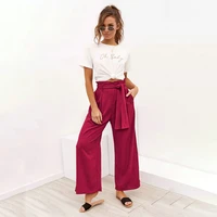 womens cotton linen wide leg pants summer 2022 bandaged high waist cropped pant casual fashion clothing for female solid color