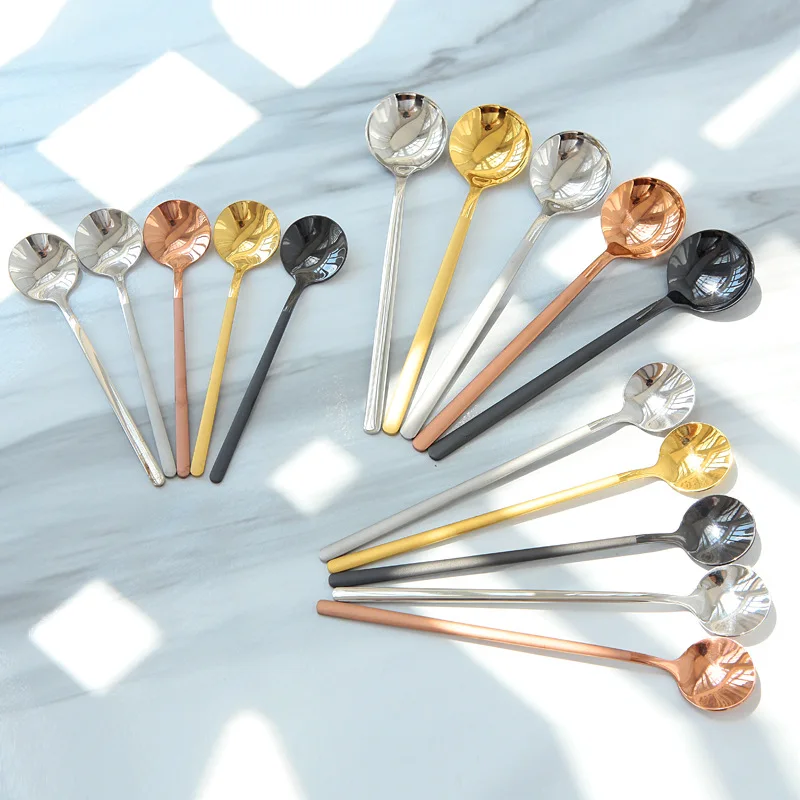 

Маленькая золотистая Серебристая круглая ложка из нержавеющей стали для мороженого десерта с длинной ручкой кухонные столовые приборы