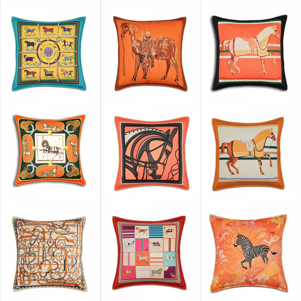 

Nordic Luxury H Brand Pillow Case Retro Orange Horse Velvet Pillow Cover Sofa Pillow Pillowcase European Room Cushion Decor
