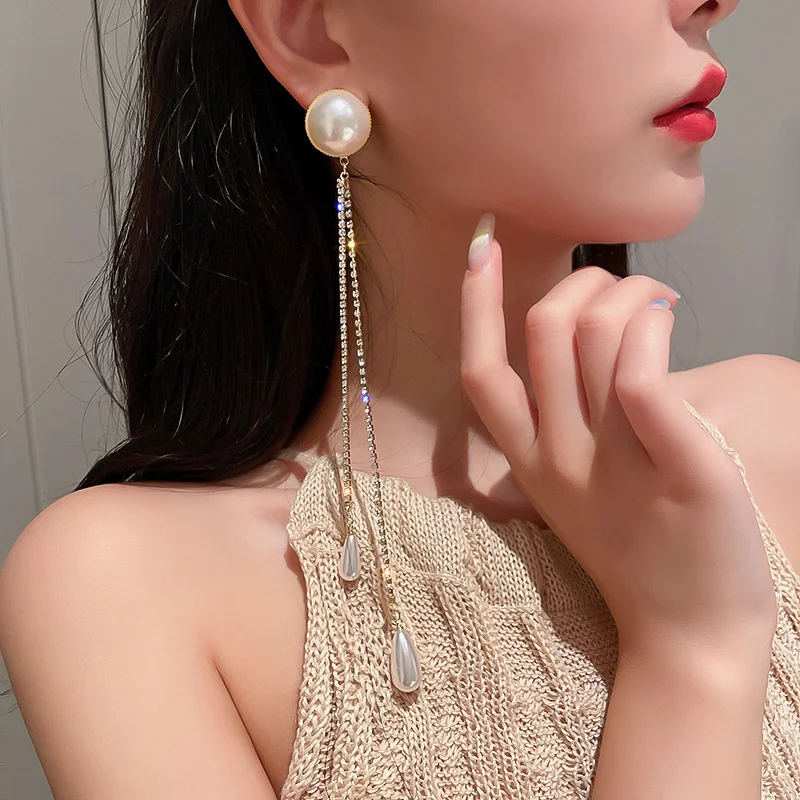 

2022 South Korea Fashion Set Auger Long Tassels Ms Pearl Pendant, Personality, Contracted Temperament Elegant Earrings Jewelry