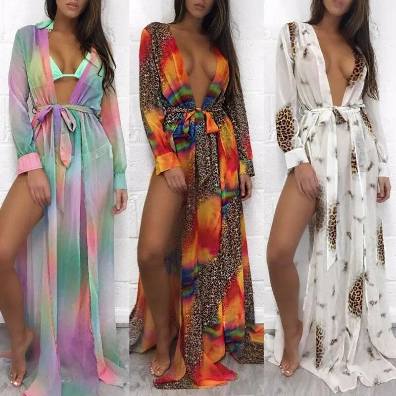 

Womens Summer Long Sleeve Bikini Cover Up Lace Up Swimwear Beach Maxi Dress Wrap Dress Sarong Kimono Kaftan Dress