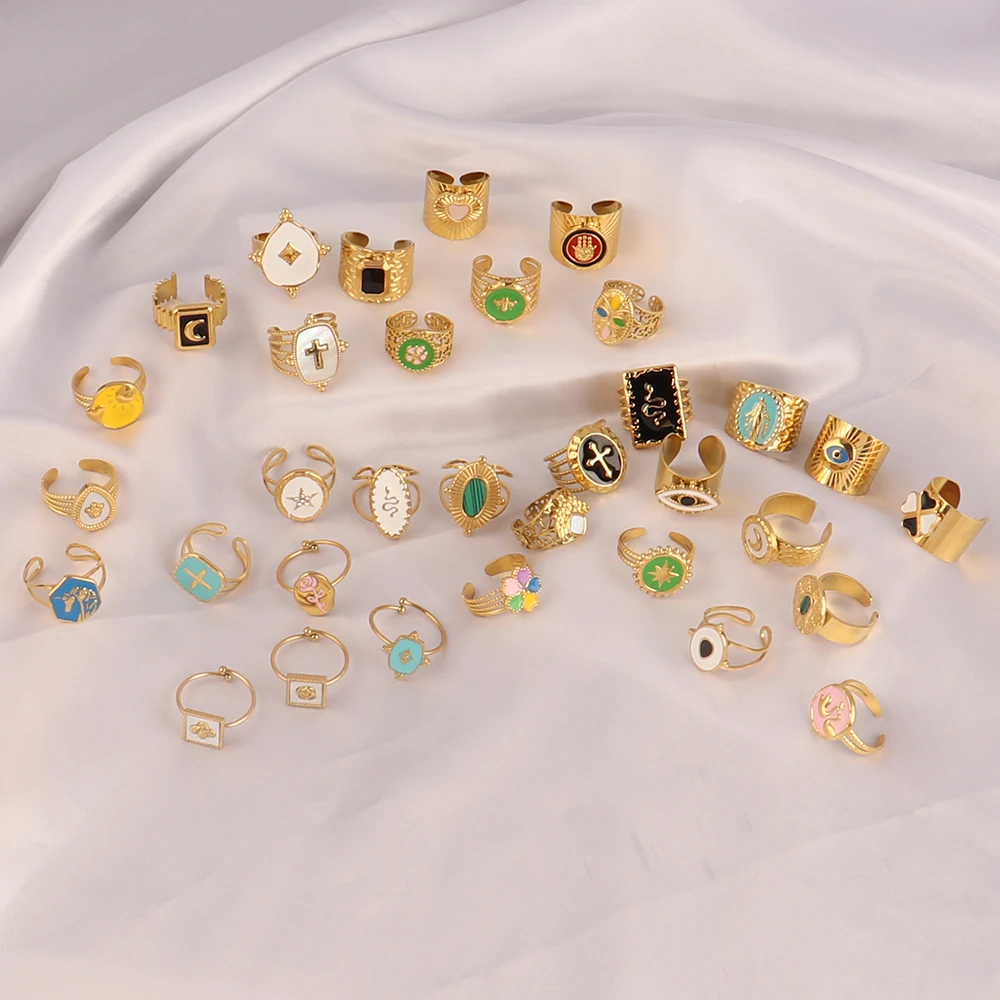 Vintage Stainless Steel Ring Gold Enamel Rings Geometry Colorful Chain Open For Women Jewelry Gift Wholesale |