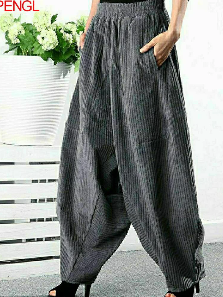 

New Draping Spring Autumn Corduroy Bloomers Women Casual Loose High Waist Vintage Wide Leg Harem Pants Oversized Mom Pants