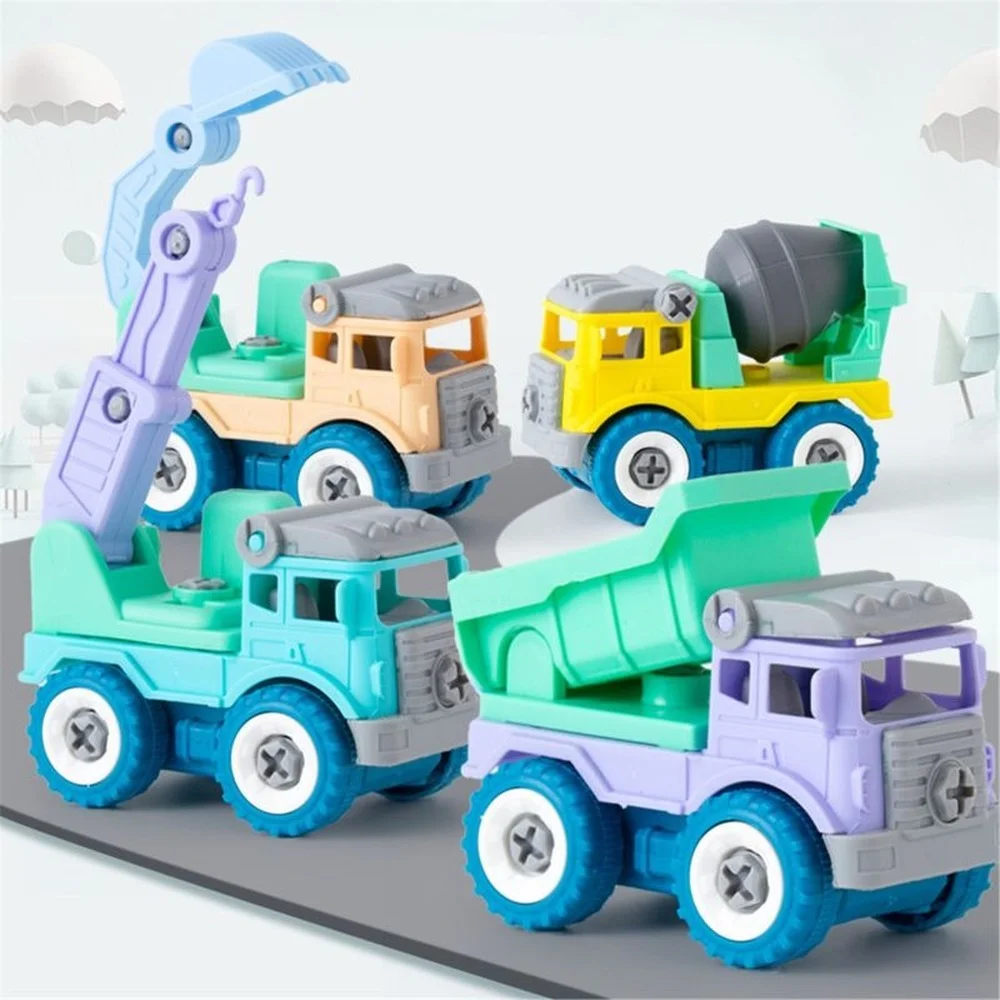 

4pcs Kids DIY Construction Toys Engineering Car Fire Truck Screw Build and Take Apart Vehicle Models Fun Gifts for Boys Children