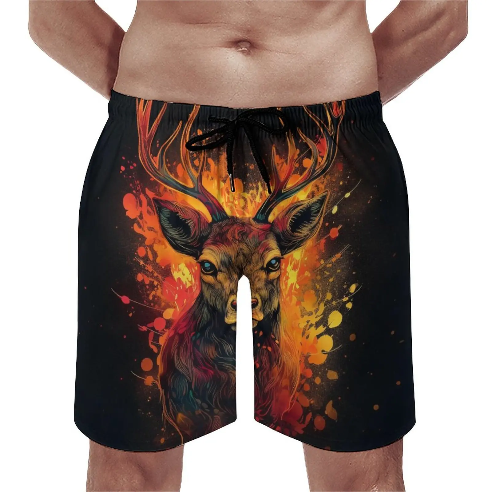 

Deer Gym Shorts Summer Animal Head Flames Sports Beach Short Pants Men Quick Dry Casual Custom Plus Size Swim Trunks