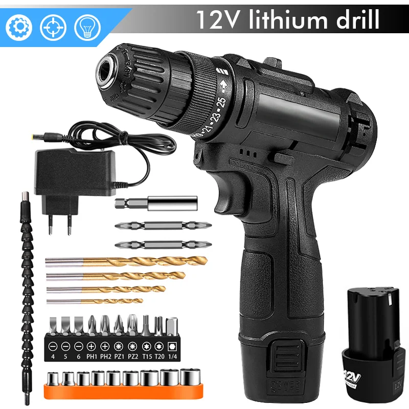 

12V Electric Screwdriver Wireless Rechargeable Impact Cordless Screwdriver Hand Drills Power Tools with Battery And Accessorie