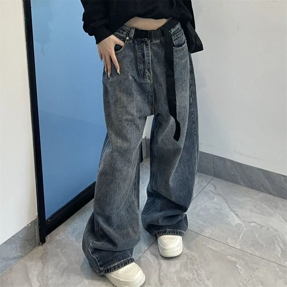 

Женские свободные джинсы с поясом и высокой талией, винтажные повседневные джинсовые брюки оверсайз в стиле хип-хоп, повседневные мешковатые прямые штаны Y2k
