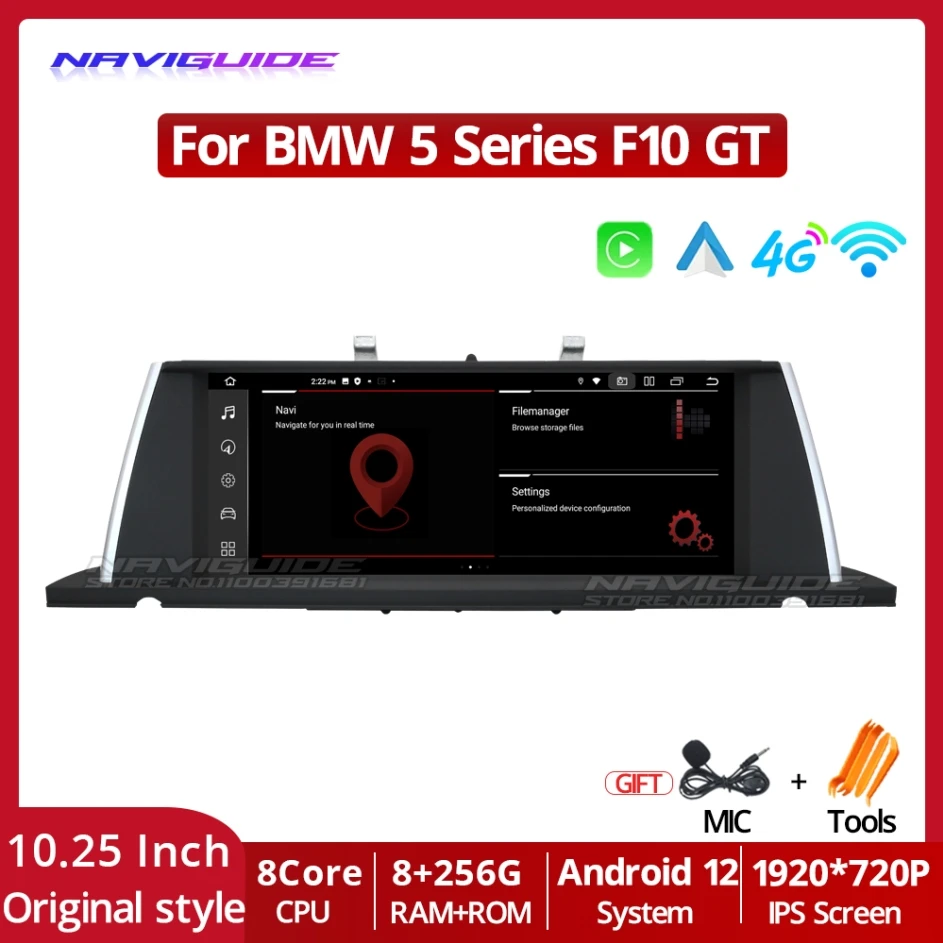 

NAVIGUIDE Android 12 10.25'' 8G+256G Car GPS Navigation Radio Player For BMW 5 Series F10 GT (2011-2016) NBT Carplay Auto