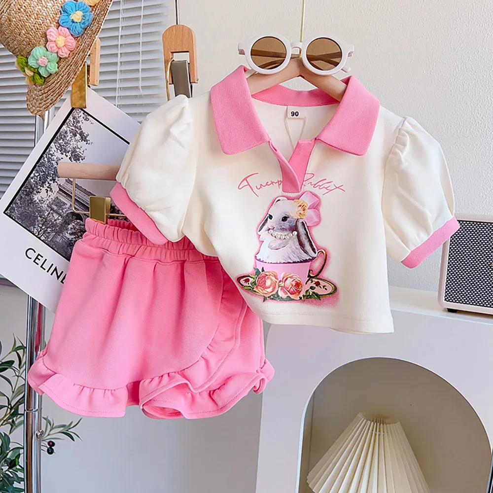 

Cartoon Kids Girls Clothes Sets Summer Cute Rabbit Print T-shirts Baby Girl Tops+Ruffles Shorts 2Pcs Suit Children Clothing 1-8Y