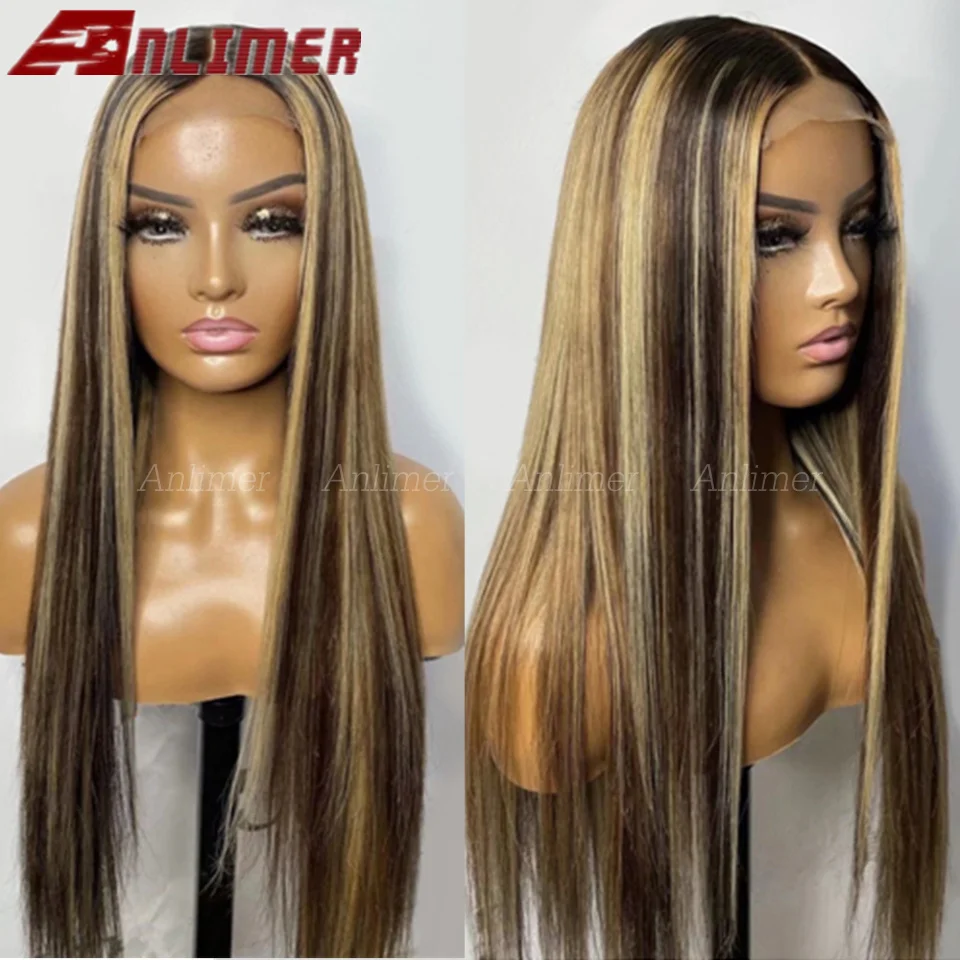 

Ombre Honey Blonde 180 Density 13x6 Lace Front Human Hair Wigs Ombre P4/27 Straight Highlight 5x5 Silk Top Wigs Bleached Knots