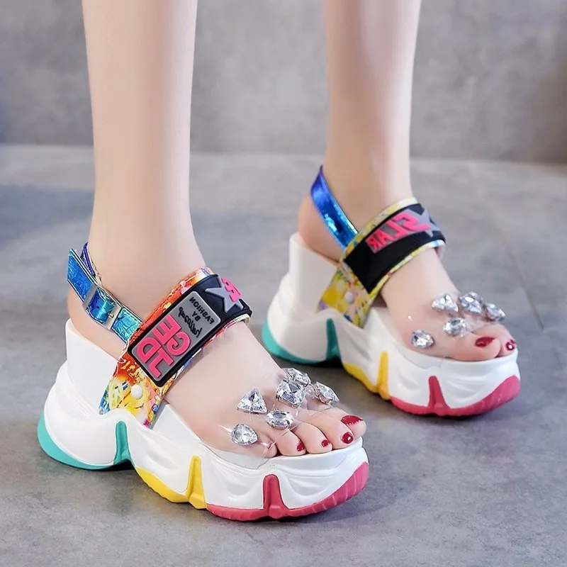 

New Women Summer Wedge Sandals Transparent PVC Crystal Chunky Platform Shoes Woman Rainbow Thick Bottom Sandalias
