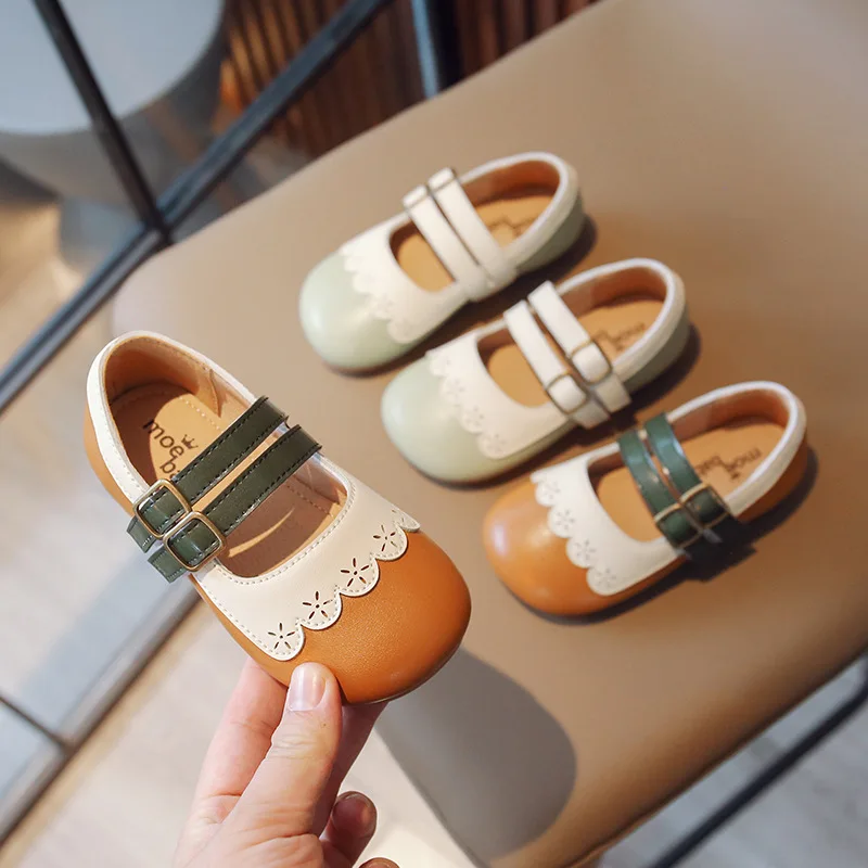 

2023 Children's Leather Shoes Patchwork Ruffle Double Buckle Mary Jane Girls Elegant Princess Pu Soft Sole Non-slip Flat Shoes
