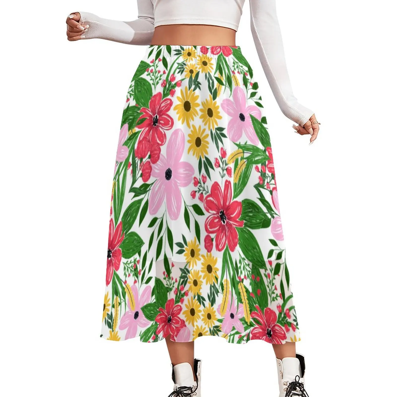 

Bright Flowers Chiffon Skirt Cute Pink Red Floral Street Wear Casual Skirts Women Cute A-line Skirt Printed Clothes Gift Idea