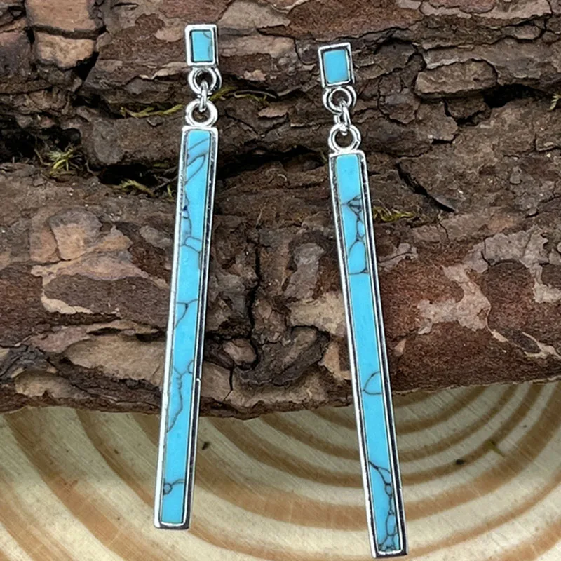 

Vintage Extra Long Inlaid Blue Stone Drop Earrings Ethnic Silver Color Metal Geometry Dangle Earrings for Women Jewelry