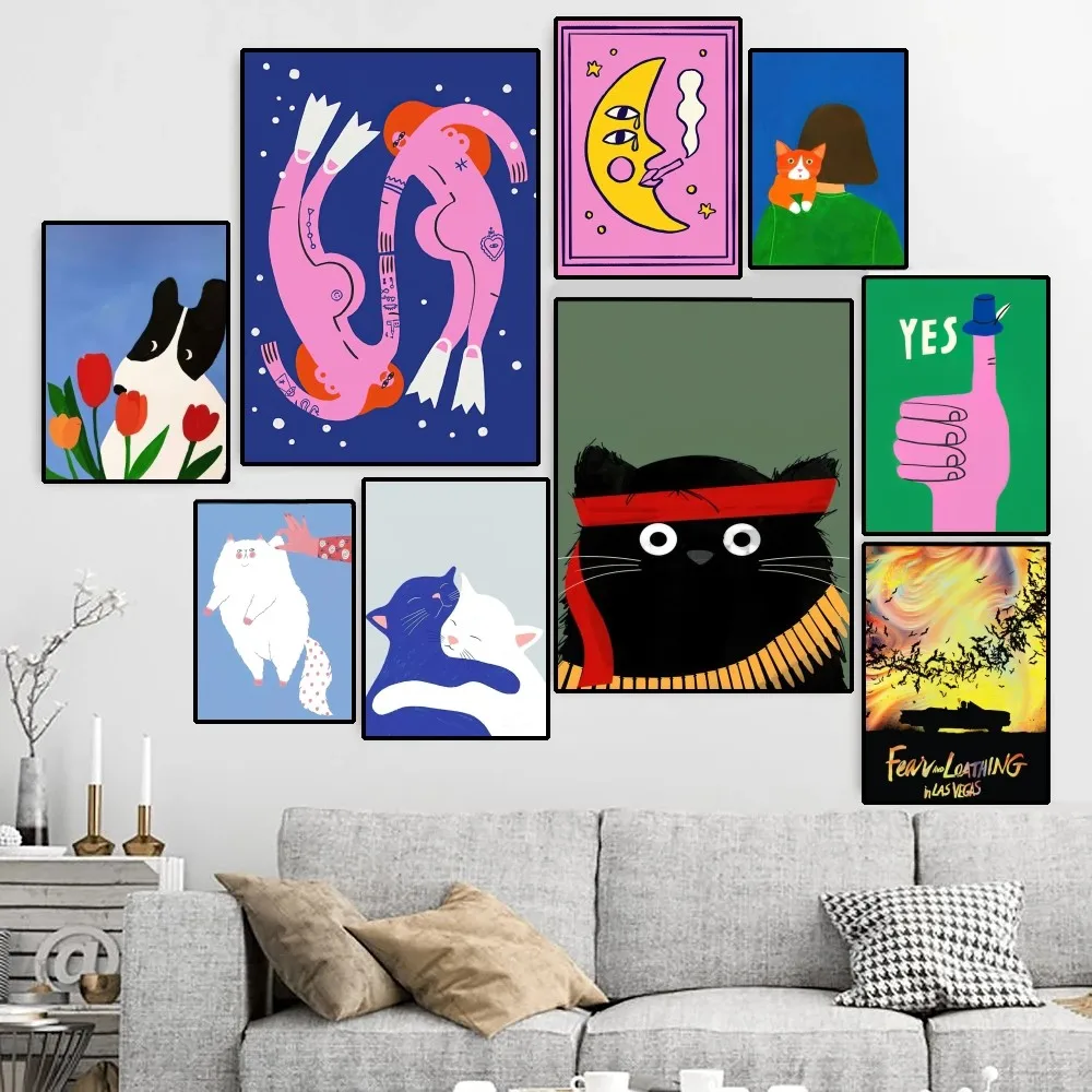 

Мультяшный Кот настроение Abstratc Луна леди плакат холст HD Печать Персонализированная Настенная картина на заказ маленькая