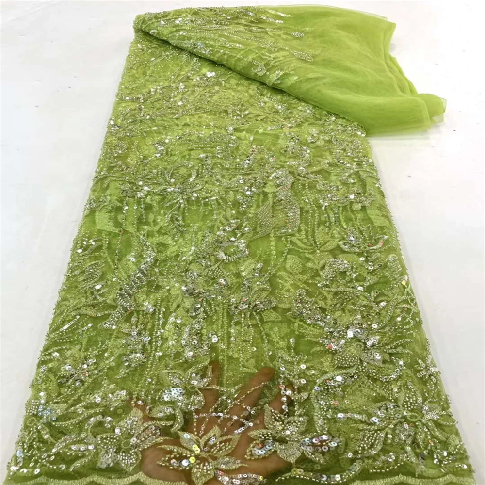 

High Quality French Tulle Lace Fabric With Sequins Nigerian Hand Made Beaded Fabric For wedding dress WS2750