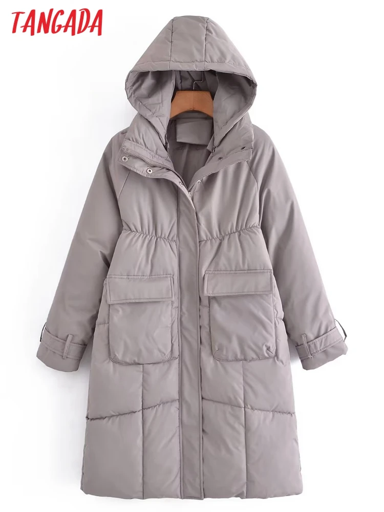 

Tangada Women Coffee Oversize Thick Hood Parkas 2022 Winter Long Sleeve Pockets Female Warm Coat 2G32
