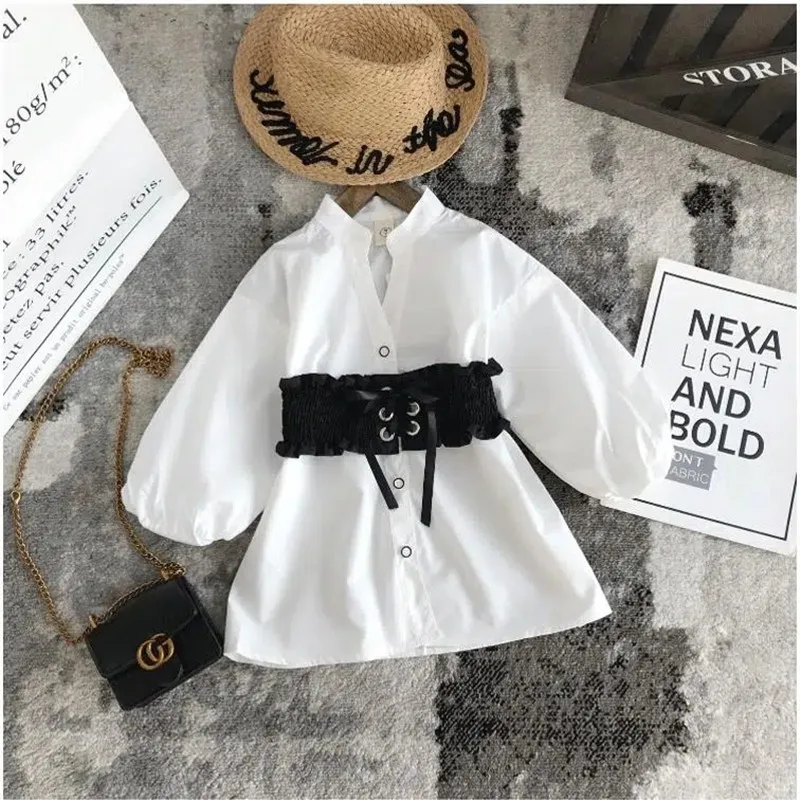 

Girls White Waistband Shirt Spring and Autumn Girls Medium Length Shirt Baby Long Sleeved Top Children's Bottom Shirt