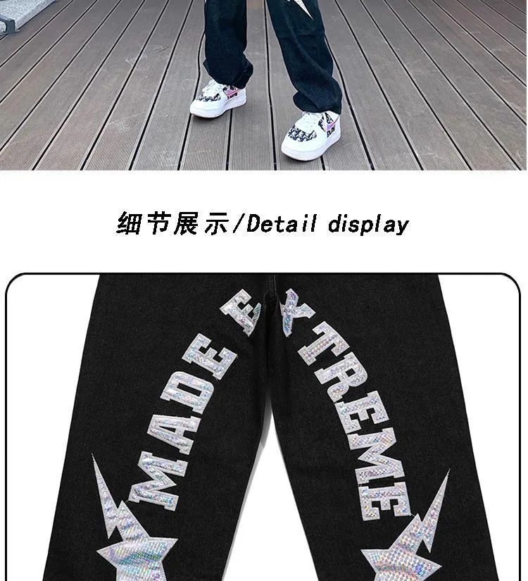 Jeans original hip-hop street lightning five-pointed star patch men and women summer loose casual wide-leg straight jeans