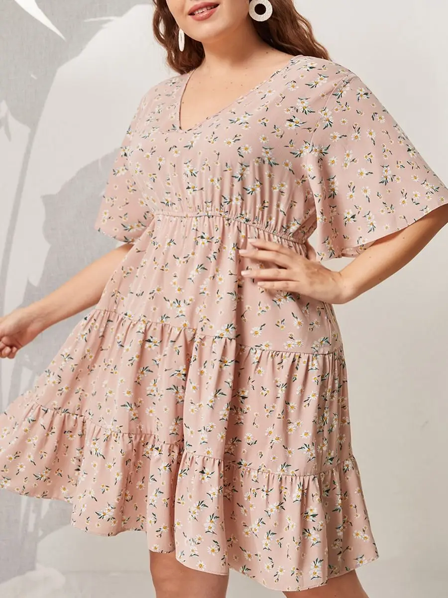Plus Size Dress Women Floral Print Ruffles Sleeve 2022 Summer Autumn Casual Oversized 4XL Elegant Loose Pink Midi Dresses