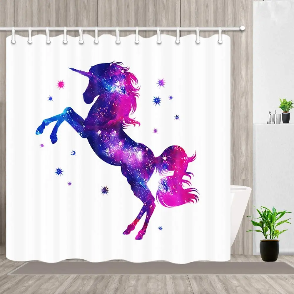 

Fantastic Unicorn Shower Curtain Kids Bathroom Watercolor Cosmic Unicorn Fantasy Stars Polyester Fabric Bath Curtains with Hooks