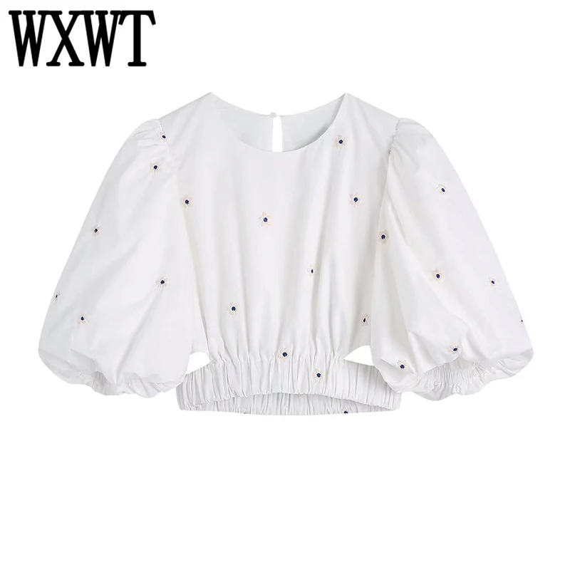 

WXWT Women Contrasting Colors Flower Embroidery Blouse O Neck Puff Short Sleeve Shirt Female Summer Cropped Tops BB22276