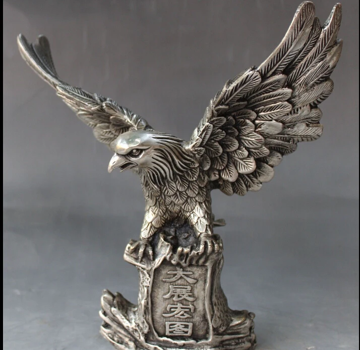 

decoration bronze factory outlets Tibet Silver 9inch Chinese Fengshui Folk Silver Carving Animal Hawk Eagle King of birds Sta