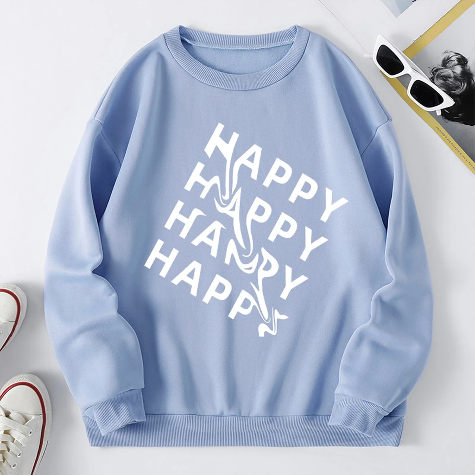 

Женский флисовый свободный свитер с круглым вырезом и надписью