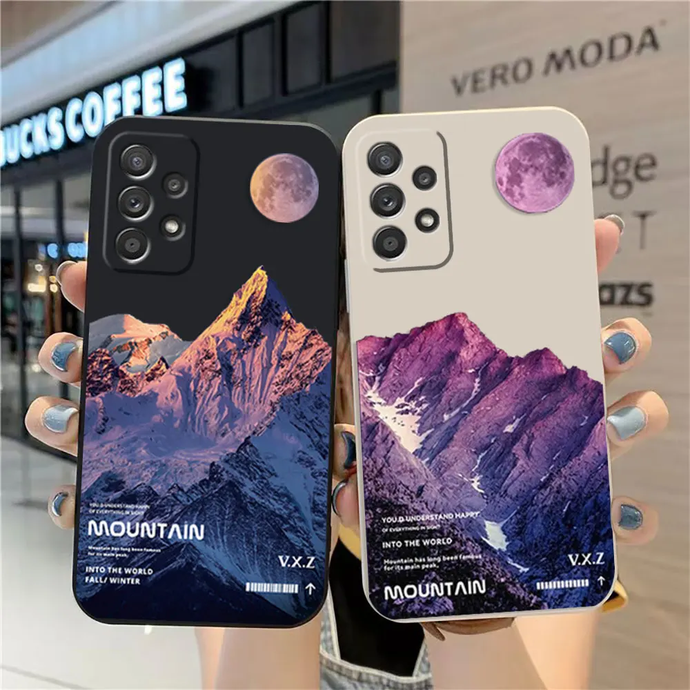

Case For Samsung A91 A73 A71 A51 A42 A33 A22 A515F AO3S 4G 5G Simple Liquid silicone Case Sunset Over Snowy Mountains