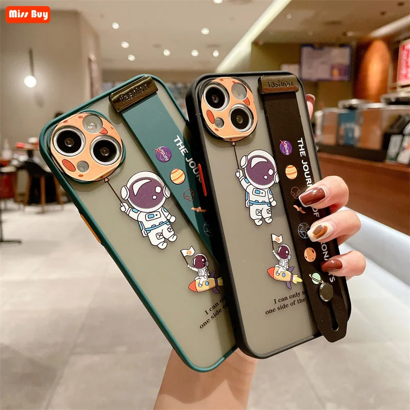 

Cartoon Space Astronaut Wrist Straps Case for iPhone 13 12 11 Pro Mini Max X Xs Xr 7 8 6 6s Plus SE 2020 Transparent Hard Cover