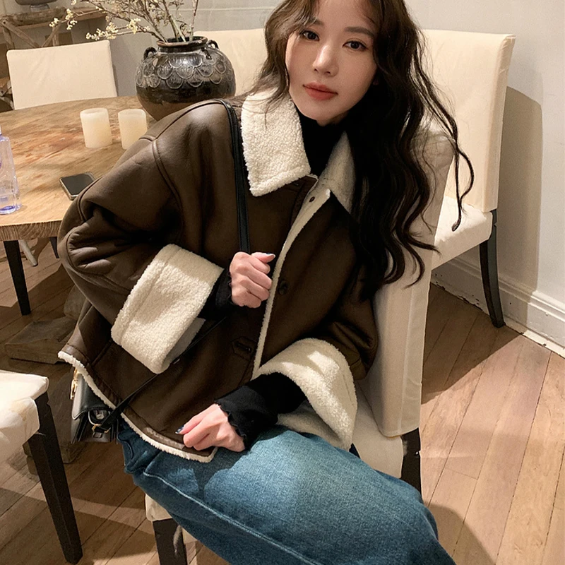 Vintage Women's Lamb Wool Coat Loose Fashion Ladies Harajuku PU Biker Jacket Street Long Sleeve Winter Warm Fur Outerwear 2022