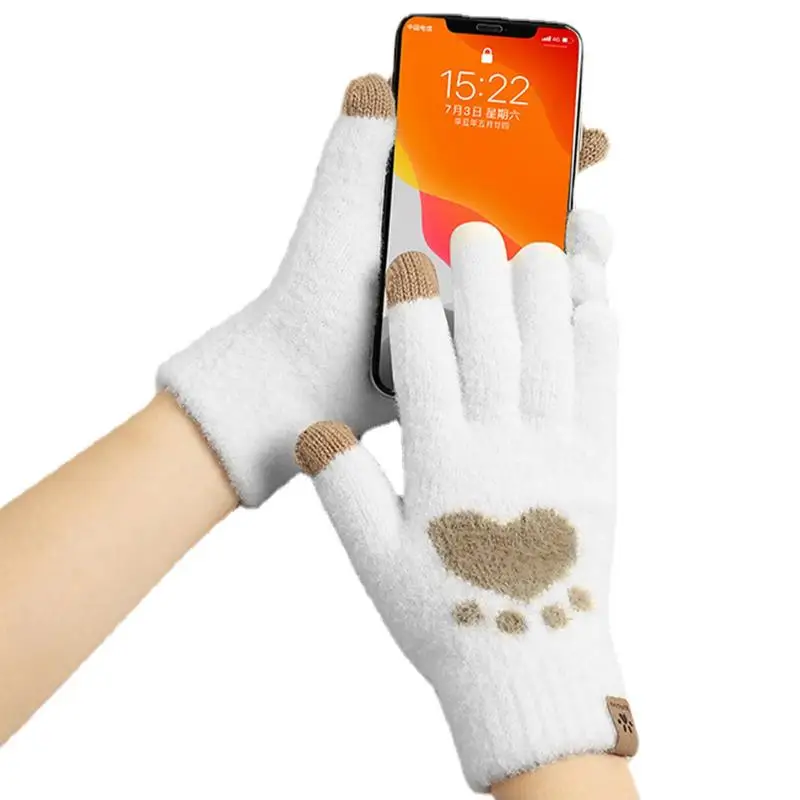 

Winter Touch Screen Gloves Plush Cat Paw Pattern Gloves For Women Full Fingers Cold Weather Gloves Elastic Cuff Texting Glove