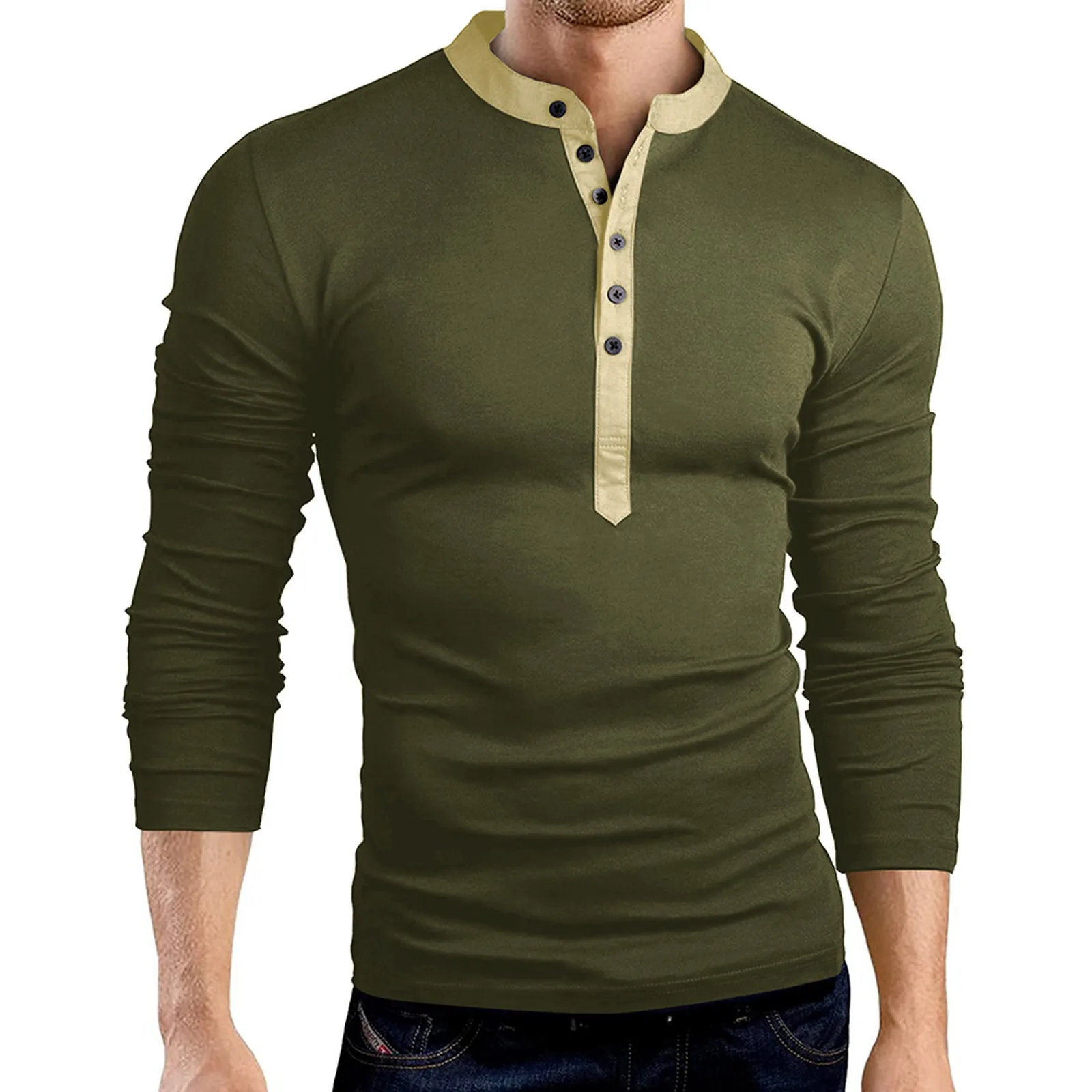 

Men Crew Neck Blouse Color Button Comfortable Solid Top Slim Blouse Outdoor Sports Tracksuits Overshirt Leisure Undies Camisas