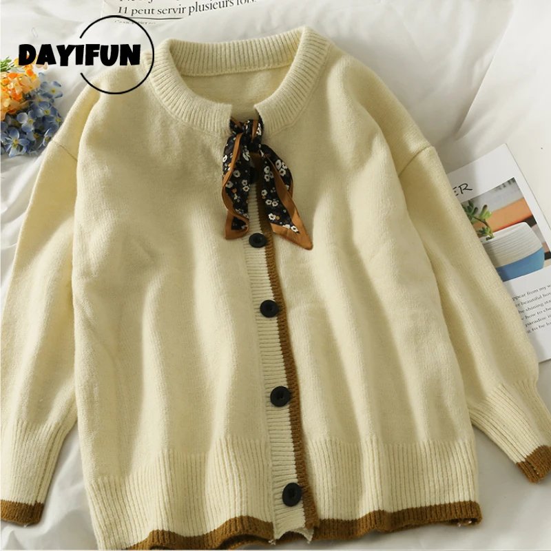 

DAYIFUN Sweater Women O Neck Long Sleeve Medium Stretch Single-breasted Knitted Jumpers New Retro Bow Print Loose Slim Cardigans