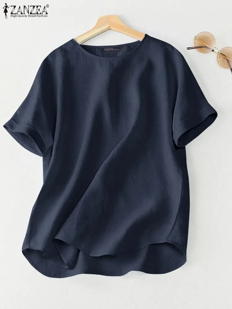 

Elegant Solid Tops Women Summer Blouses ZANZEA 2022 Casual Short Sleeve Work Blusas Female O Neck Tunic Oversized Chemise Top