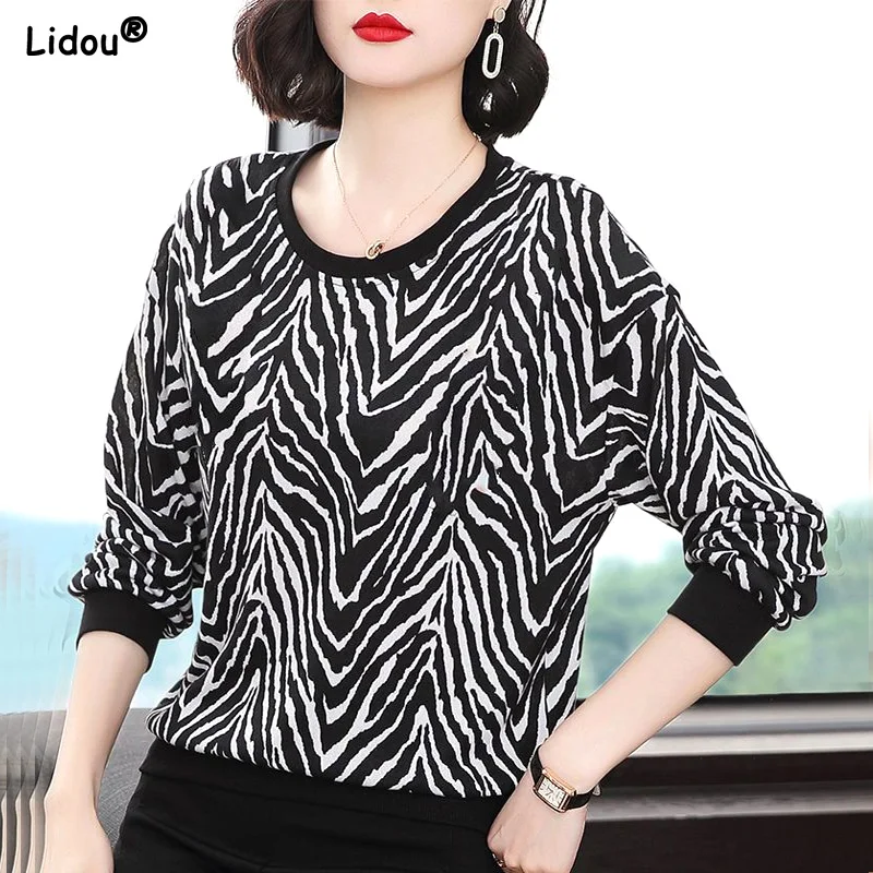 

Loose Striped Screw Thread Patchwork 2022 Women's Clothing Casual T-Shirts Round Neck Thin Autumn Winter Pullovers Simplicity
