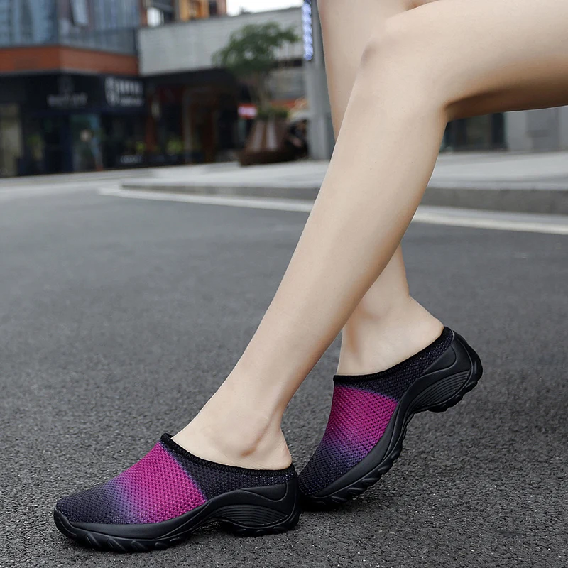 Women Slip-on Walking Shoes Mesh Upper Breathable Casual Slippers Bathroom Swimming Sandals Thick Bottom Away From The Ground