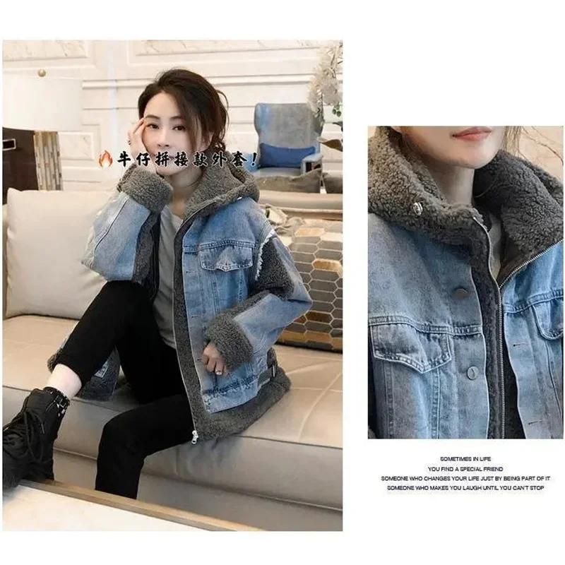 Европейская женская джинсовая верхняя одежда с капюшоном зимняя куртка-парка