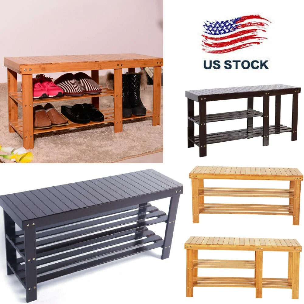 

90cm 3Tier Bamboo Stool Shoe Rack Storage Seat Organizer Shelf Entryway Bench