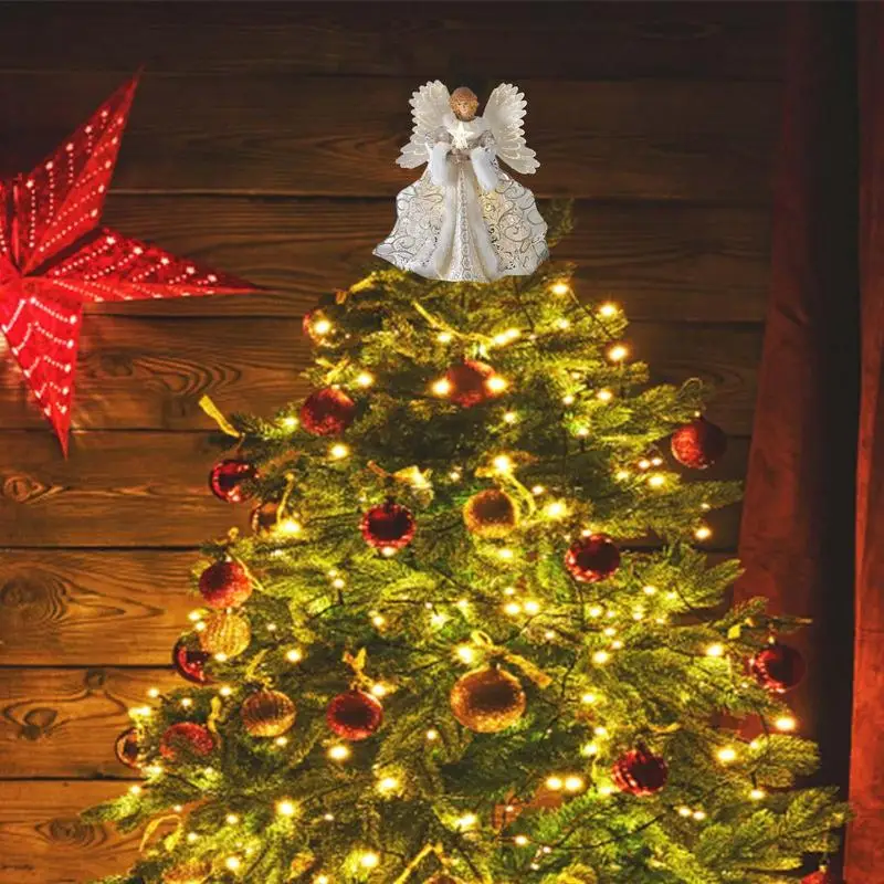 

Angel Ornament For Home Office Desktop Decor Rustic Christmas Angel Tree Topper Angel Statue With LED Light Christmas Tree Decor