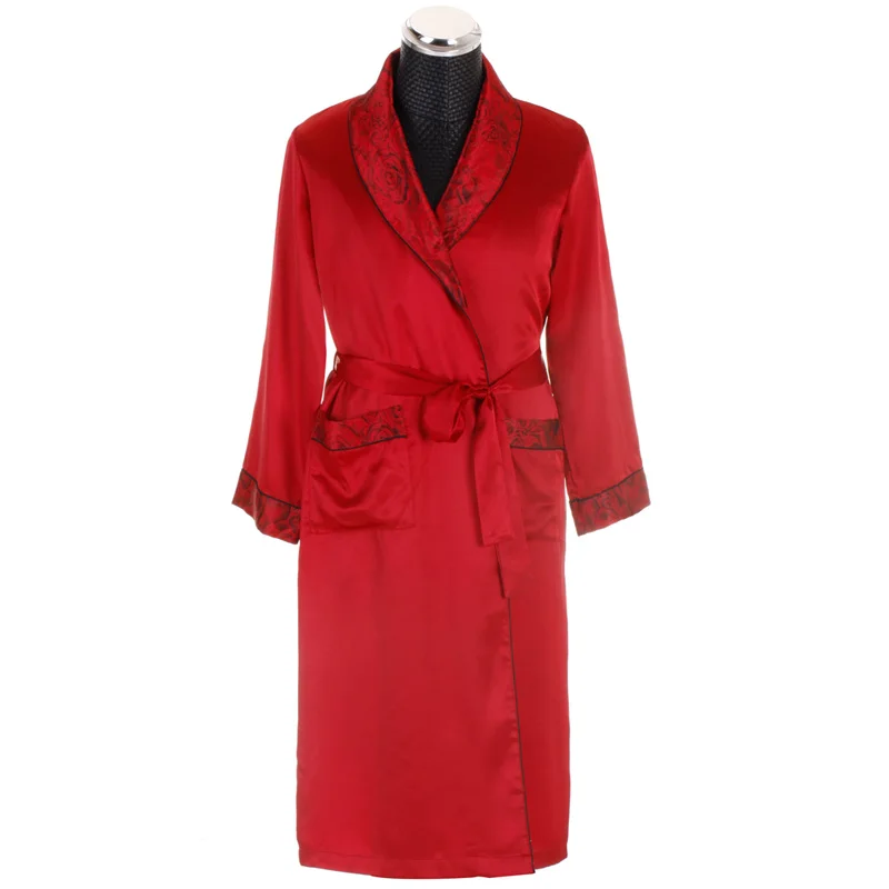 Luxury Satin Silk Robes for Men Red Long Sleeve Shawl Collar Silk Home Robe Men's Dressing Gown Men's Bathrobe Couple Clothes
