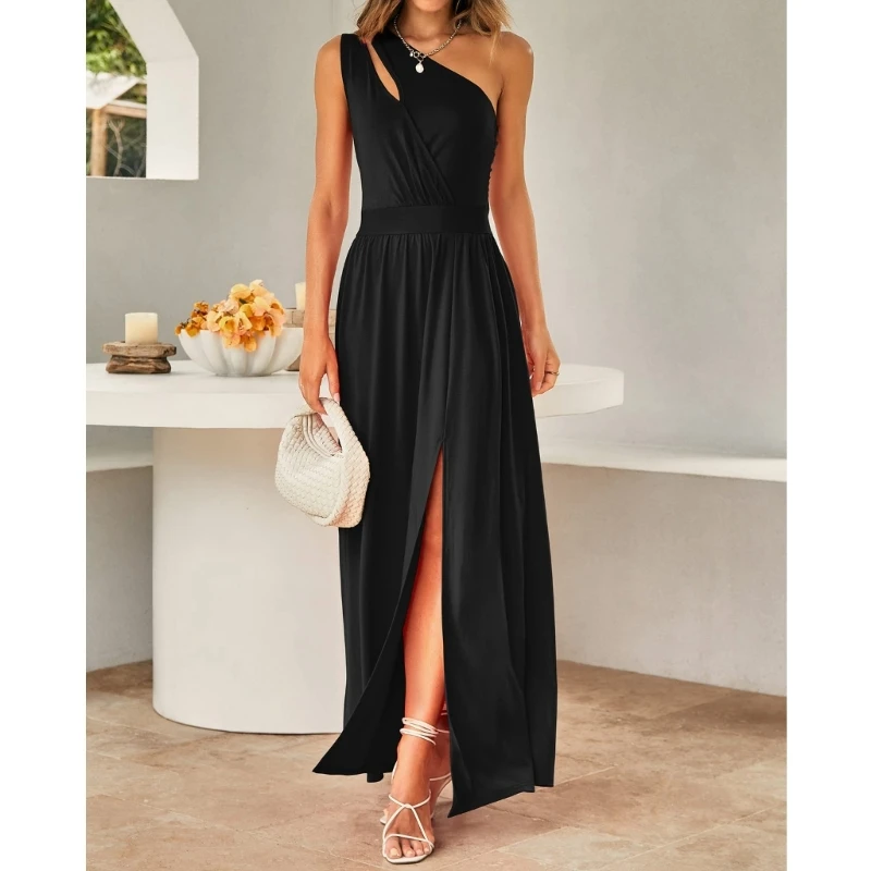 

H9ED Women Sleeveless High Waist Bodycon Long Dress Sexy Cutout One Shoulder Ruched Side Thigh Split Cocktail Evening Gown