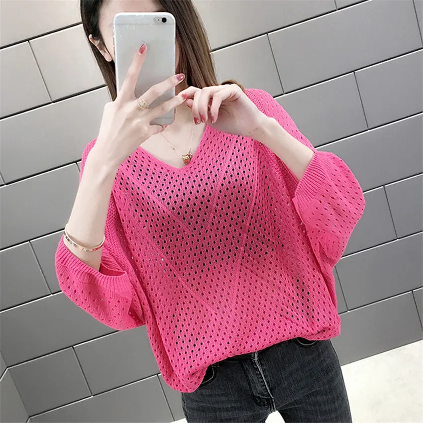 

2022 Korean Fashion Short Thin V-neck Shirt Lady Large Size Hollow Out Knitted Blouse Slim Basic Tops Pullovers Bottomings W1847
