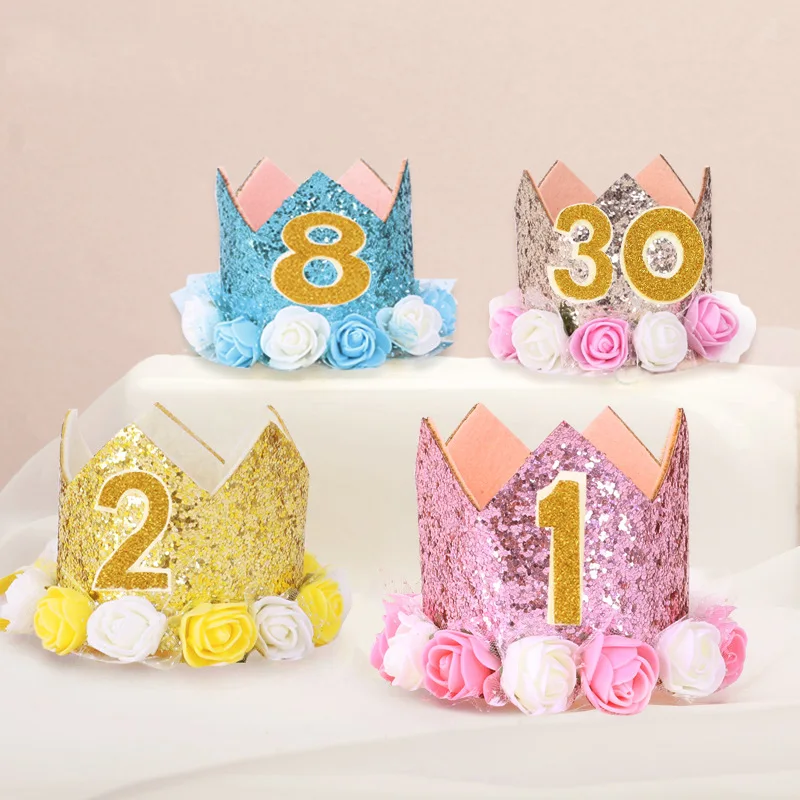 

Glitter Flower Cake Hat Headband Birthday Caps Comfortable Newborn Baby Birthday Headband for Home Birthday Party