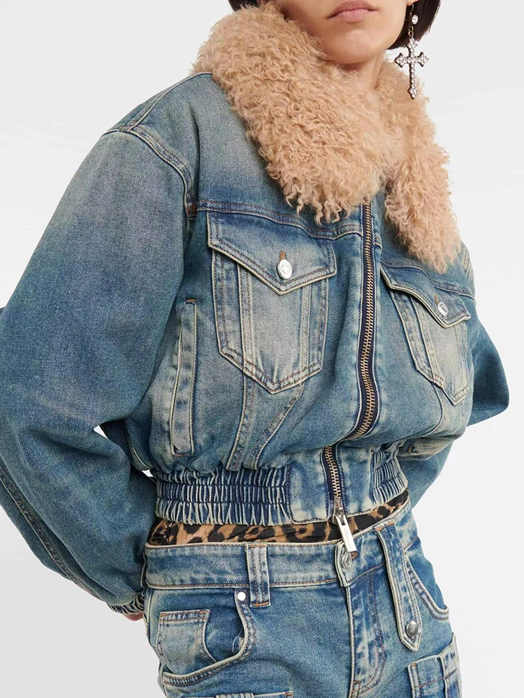 

Designer's retro color contrast detachable fur collar short denim jacket Women's new winter fashion all-match warm denim jacket