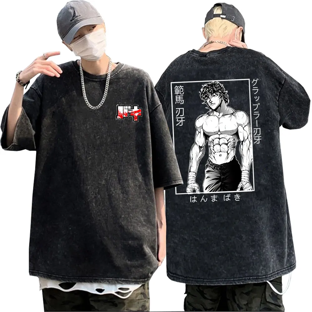 

Anime Baki Hanma The Grappler Yujiro Graphic Tshirt Men Women Fashion Vintage Tees Male Oversized Wash Vintage Black Streetwear
